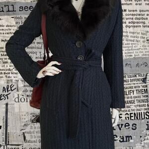 Banana republic blue wool coat with tie around and shearling lamb fur collar XS